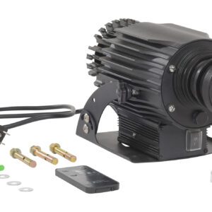 A black LED floodlight with a cooling fan, power cord, adjustable mount, remote control, mounting screws, wall anchors, and transparent cover with Chinese text. Perfect for pairing with the Vestil Virtual Sign Projector (12 Max Distance) to boost visibility.