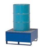 A blue metal drum rests on a Vestil Vertical Drum Retention Basin 34X34X18, featuring a grated surface to expertly prevent leaks, highlighting the importance of industrial safety and efficient storage solutions.