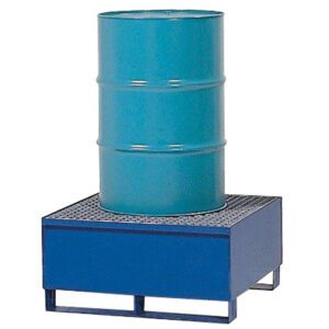 A blue metal drum rests on a Vestil Vertical Drum Retention Basin 34X34X18, featuring a grated surface to expertly prevent leaks, highlighting the importance of industrial safety and efficient storage solutions.