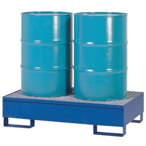 Side by side, two blue industrial barrels rest on a Vestil Vertical Drum Retention Basin 34X54X18, which has a grated top and sturdy legs. The metallic sheen of the upright barrels contrasts against the plain white background.