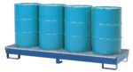 Four blue industrial barrels are neatly placed on the stable Vestil Vertical Drum Retention Basin 34X107X10, a metal spill containment pallet with elevated legs for secure storage.