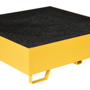 The Vestil Yellow Drum Retention Basin 49X49X14, with a black grid top and four sturdy feet, elevates drums for effective spill management, maintaining a clean and efficient workspace.