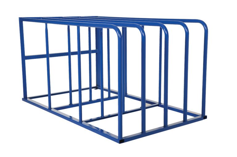 VSSR-15_A.jpg Blue metal bike rack with parallel loops for secure multiple bicycle parking, echoing the sturdy design of the Vestil Standard Sheet Rack 1.5K 50 X 84 X 44, displayed against a white backdrop.