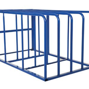 Blue metal bike rack with parallel loops for secure multiple bicycle parking, echoing the sturdy design of the Vestil Standard Sheet Rack 1.5K 50 X 84 X 44, displayed against a white backdrop.