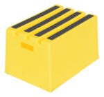 The Vestil Polyethylene Step Stool Yellow 1 Step is bright yellow with three black non-slip strips on top. Its rectangular, has a small handle cutout for easy carrying, and is perfect for one-step uses.