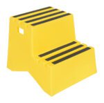 The Vestil Polyethylene Step Stool Yellow 2 Step features vibrant yellow steps with black anti-slip strips for safety. It has a side rectangular cutout handle for easy carrying, making it ideal for various tasks.