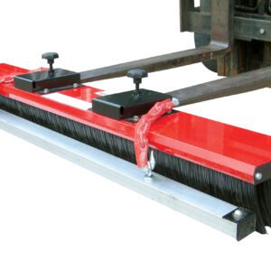 The Vestil Valusweep Series Magnet 4 Foot attachment, with black bristles, mounts on forklift forks for sweeping large areas like warehouses or parking lots. It includes two securing knobs for stability.