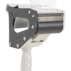 The Vestil Tape Dispenser 3 In has a sleek white handle and sturdy black frame. It securely holds tape logic rolls with a caution note about the sharp blade for efficient use.