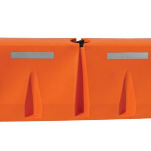 The Vestil Traffic Barriers 5 Ft Wide Orange Strip boasts a vibrant orange design with two top reflective strips, a central groove, and a round feature on the bottom right corner for enhanced visibility and functionality.