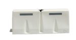 A smooth white, rectangular plastic object with two vertical grooves and small rectangular slots on top, similar to the Vestil Traffic Barriers 5 Ft Wide White Strip. It features a circular indentation on the lower right corner.