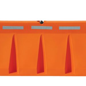 The Vestil Traffic Barriers 6 Ft Wide Orange Strip feature reflective strips, three vertical indentations, and a round white cap at the bottom right.