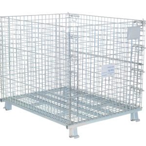 The Vestil Mesh Container 4K Cap 32 x 40 x 34 features a sturdy metal wire mesh with reinforced corners, stands elevated on four legs, and includes a label for easy identification.