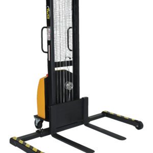 The Vestil Stacker DC Winch Adj showcases a yellow and black design with two wheels and extended fork arms, featuring a vertical frame with safety netting and hand-operated control for efficient lifting and stacking in warehouses or storage facilities.