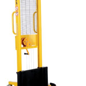 The Vestil Manual Hand Winch Adj Stacker 770 Lb Cap, in a bright yellow design, features a tall metal frame, black forks, and safety mesh, facilitating easy maneuvering and secure pallet lifting in warehouses.