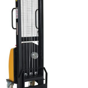 The Vestil Stacker DC Winch Fixed, with its yellow body and black handles, features dual forks, a vertical mesh guard, and wheels for easy movement. Its fixed design is perfect for efficient pallet lifting and transport.