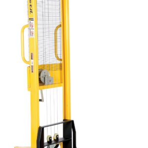 The yellow Vestil Manual Hand Winch Fix Stacker boasts a 770-pound capacity, two black forks, a mesh safety screen, an operational handle, and wheels for easy mobility. Its lifting mechanism is visible and safety labels are displayed on the side.