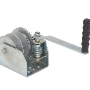 The Vestil Wall Mounted Hand Winch - Double boasts durable metal construction, a sleek black handle, and gear mechanism. Equipped with a crank arm for manual use, it is perfect for secure and efficient lifting or pulling of heavy loads.