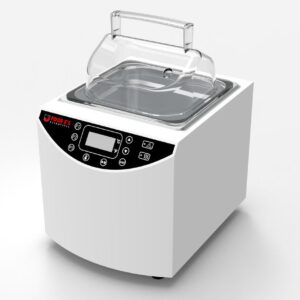 A vacuum packaging machine with a digital display and control panel is shown. It has a transparent lid and a modern design, primarily in white with black and red accents.