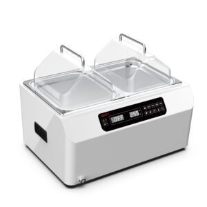 A white double-chamber laboratory water bath with transparent hinged lids. It features a digital control panel on the front displaying OFF and 24.5. The device has handles on the sides.