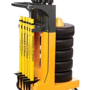 The Vestil Web Barrier Cart Package includes a yellow mobile cart with black wheels, five yellow banner stakes with bold black lettering, stacked black weights, and a top handle for easy movement.