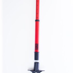 This Vestil Web Barrier Stake 42 in red is a gardening tool with a telescopic handle and retractable metal prongs, ideal for aerating soil. The segmented design allows adjustable length, set against a plain white background.