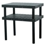 The black plastic shelving unit with two slatted shelves and four cylindrical legs mirrors the minimalist, functional design of the Vestil Grid Work Bench Table 24 X 36 in. Perfect for storage or organization, it effortlessly integrates into any workspace.