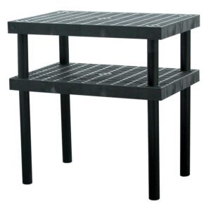 The black plastic shelving unit with two slatted shelves and four cylindrical legs mirrors the minimalist, functional design of the Vestil Grid Work Bench Table 24 X 36 in. Perfect for storage or organization, it effortlessly integrates into any workspace.