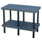 The Vestil Grid Work Bench Table 24 x 48 In is a two-tiered black plastic shelf with a perforated grid-pattern surface, supported by six cylindrical legs, offering a functional and minimalist design ideal for storage or organization.
