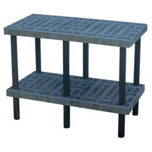 The Vestil Grid Work Bench Table 24 x 48 In is a two-tiered black plastic shelf with a perforated grid-pattern surface, supported by six cylindrical legs, offering a functional and minimalist design ideal for storage or organization.
