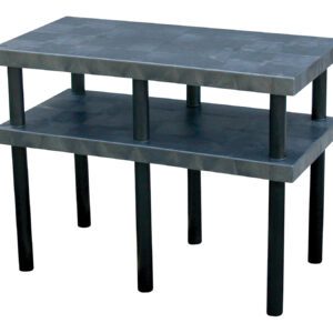 A compact two-tier black table, akin to the Vestil Solid Work Bench Table 24 X 48 In, features a rectangular design with eight cylindrical legs. The top tier is slightly offset with shorter legs above and longer ones below for enhanced stability.
