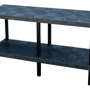 A black, two-tiered rectangular table with vertical cylindrical supports and a checkered surface pattern echoes the sleek design of the Vestil Solid Work Bench Table 24 X 66 In. Its minimalist, modern aesthetic enhances any space.