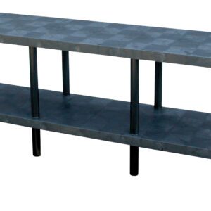 A long Vestil Solid Work Bench Table (24 X 96 inches) with a gray, textured surface. This industrial-style, two-tier bench has sturdy black metal legs and offers a simple, functional design.