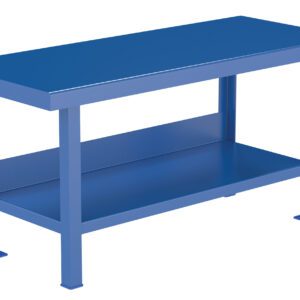 The Vestil Heavy Duty Work Bench is a durable blue metal unit with a flat top and lower shelf. Its rectangular design and four strong legs make it essential for any workspace.