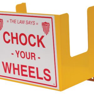 The Vestil Wheel Chock Holder is yellow, wall-mountable, and features a white and red sign with the OSHA logo that states The Law Says Chock Your Wheels, with side spaces for easy installation.