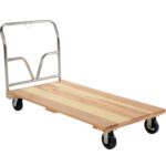The MH-USA 30 x 60 Wood Platform Truck boasts a light-colored wooden platform, a sturdy V-shaped metal handle, and four black wheels, ideal for transporting goods.