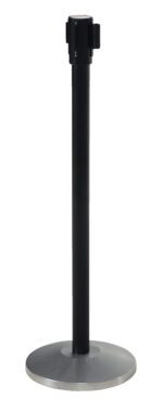 A Vestil Indoor Personnel Guidance Barrier 6 Ft stands alone against a white background, showcasing its sleek black stanchion post with a round, silver base and a retractable belt for crowd management.