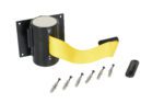 The Vestil Wall Mounted Guidance Barrier 15 Ft, featuring a yellow belt and black housing, comes with screws and anchors for mounting. Ideal for crowd control or queue management, its retractable design offers ease of use and flexibility in public spaces.