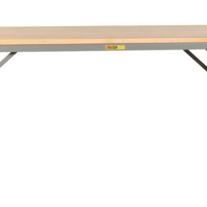 The Little Giant Folding Leg Welded Workbench features an adjustable height, rectangular wooden top, and sturdy metal legs. Positioned against a white background, it highlights its simple and functional design.