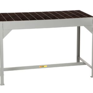 The Little Giant Welders Table features a robust metal grating surface, ensuring durability for heavy-duty tasks. Supported by four sturdy gray legs, its functional design is enhanced by a small yellow label on the front.