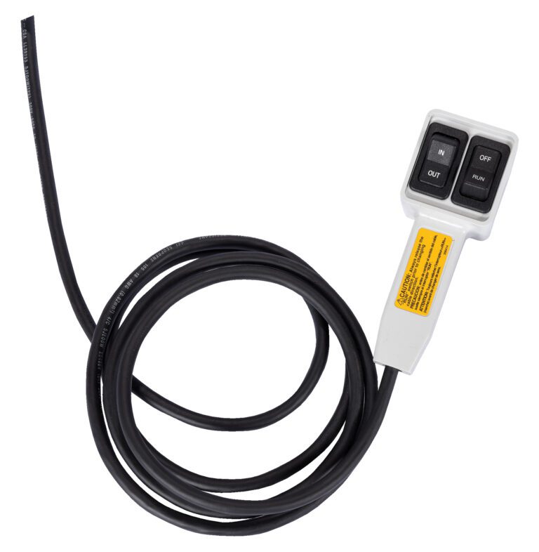 A coiled black cable connects to a white Vestil Jib Hand Held Ac Push Button Control labeled In/Out and Off/Run, featuring a yellow tag for seamless operation.