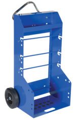 The Vestil Portable Cord Reel Caddy 300 Lb Cap is a blue metal utility cart with a tall open frame, equipped with two black wheels and a handle for easy mobility. It has hooks and compartments for tool organization, ideal for efficient equipment management.