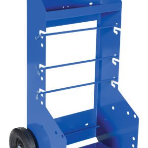 The Vestil Portable Cord Reel Caddy 300 Lb Cap is a blue metal utility cart with a tall open frame, equipped with two black wheels and a handle for easy mobility. It has hooks and compartments for tool organization, ideal for efficient equipment management.