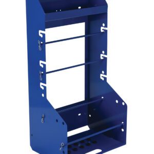 The Vestil Cord Reel Container 300 Lb Capacity is a blue metal rack with multiple shelves and hooks. It features a perforated base that supports up to 300 lbs, offering versatile storage for tools and materials in an upright, open design.