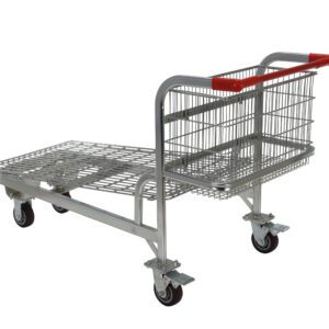 The Vestil Nestable Wire Cart 59 x 28 x 36 inches has a flatbed design with metal mesh, four swivel wheels, and a small front basket. Equipped with red-handled bars for easy pushing, its perfect for versatile shopping needs.