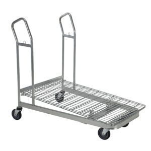 The Vestil Nestable Wire Cart 52 x 28 x 43 inches is a metal platform trolley with four wheels and two handles, featuring a bar grid for efficient goods transport, set against a white backdrop.