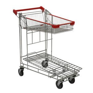 The Vestil Nestable Wire Cart 36 X 17 X 40 In boasts a metal build with red handles and four wheels, featuring a lower flatbed for larger items and an upper basket for smaller goods, ideal for efficient grocery shopping and easy transport.