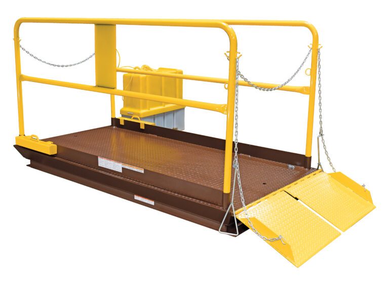 The Vestil Prem Truck Scissor Dock Lift 10K, measuring 7x10 ft in yellow and brown, features side railings, chains, and a ramp for efficient loading/unloading. Its metallic surface has a patterned design for better grip during handling tasks.