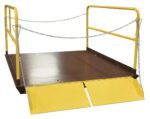 The Vestil Prem Truck Scissor Dock Lift 5K 7X8 Ft features a brown textured metal platform with yellow side railings and secure chains, designed for easy loading=