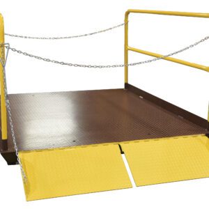 The Vestil Prem Truck Scissor Dock Lift 5K 7X8 Ft features a brown textured metal platform with yellow side railings and secure chains, designed for easy loading=