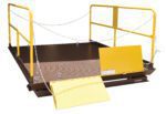 The Vestil Prem Truck Scissor Dock Lift 6K 8X10 Ft features a sturdy metal platform with a brown base, bright yellow rails, chain barriers on both sides, and a textured yellow ramp for secure loading=